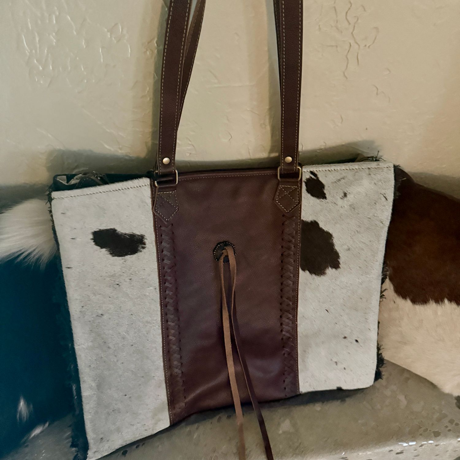 Cowhide Cross Stitched Weekender Bag