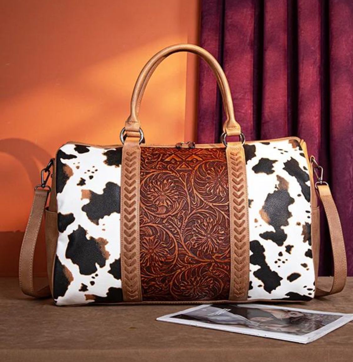 Brown Cow Tooled Duffle Bag