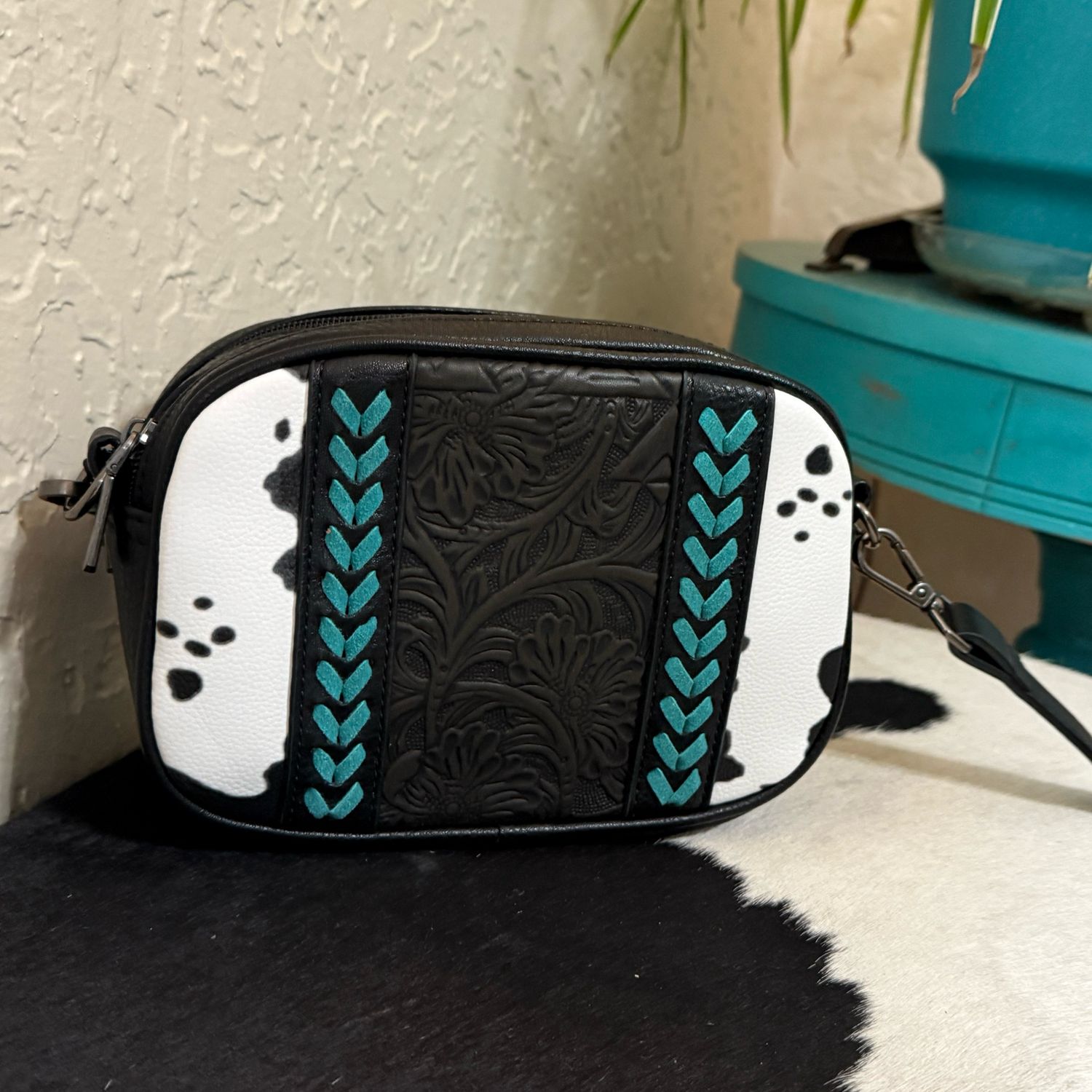 Black Cow with Turquoise Small Crossbody