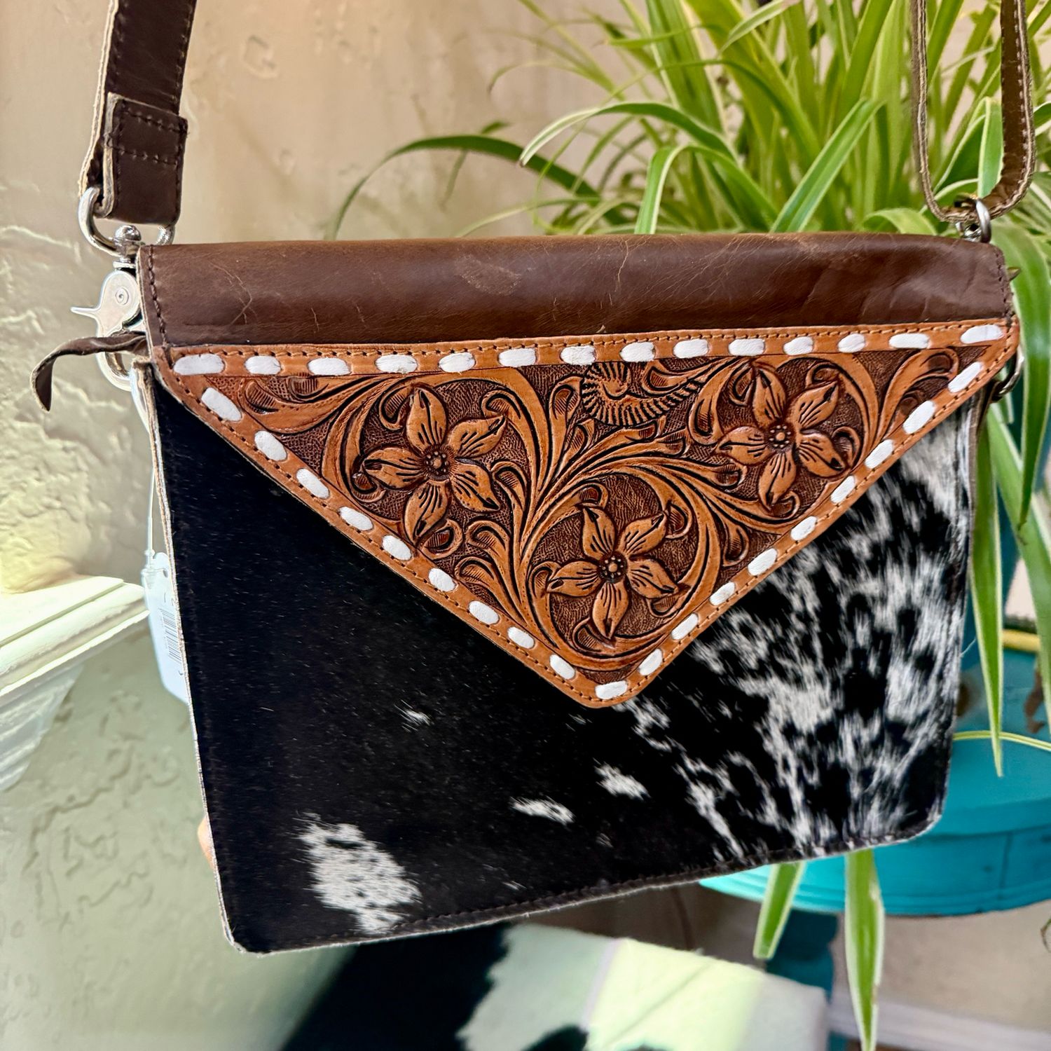 Cowhide BootStitch Leather Tooled Floral Crossbody   