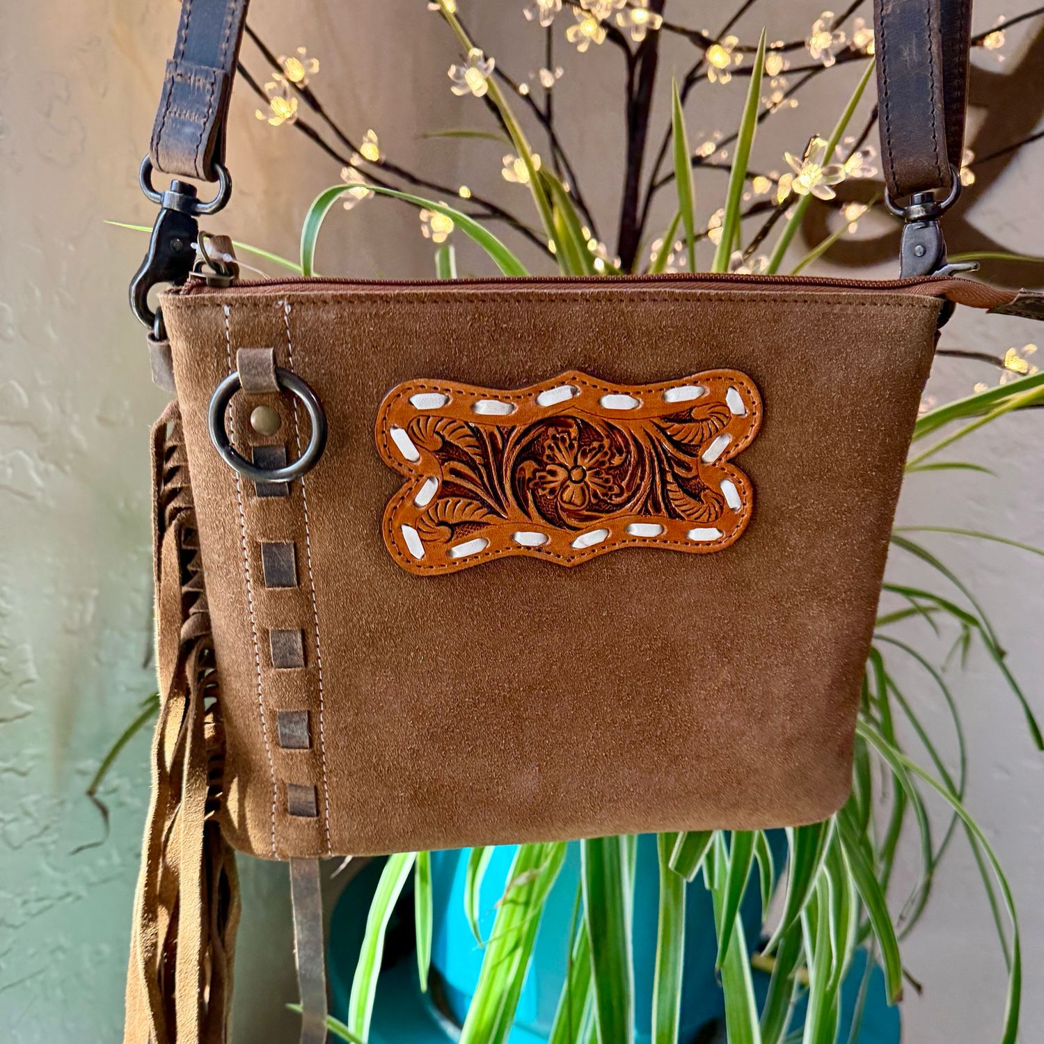 Tan Suede Leather Fringe Bag Crossbody  
