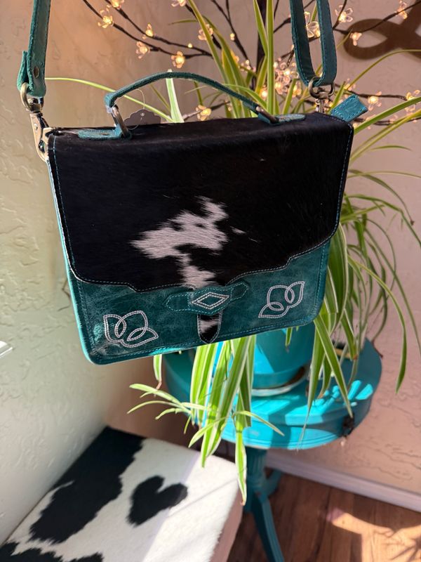 Turquoise Cowhide Boot stitch Leather Crossbody   