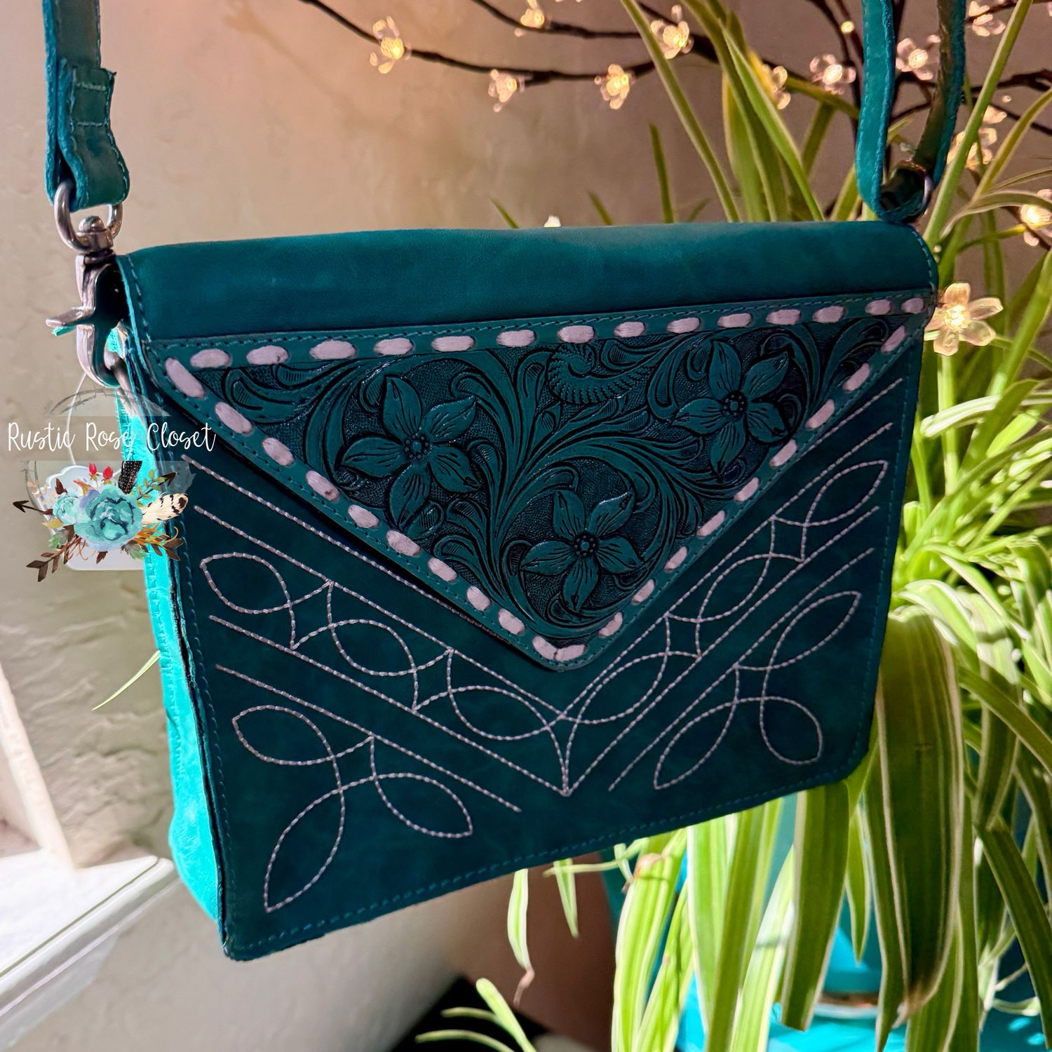 Turquoise BootStitch Leather Tooled Floral Crossbody 