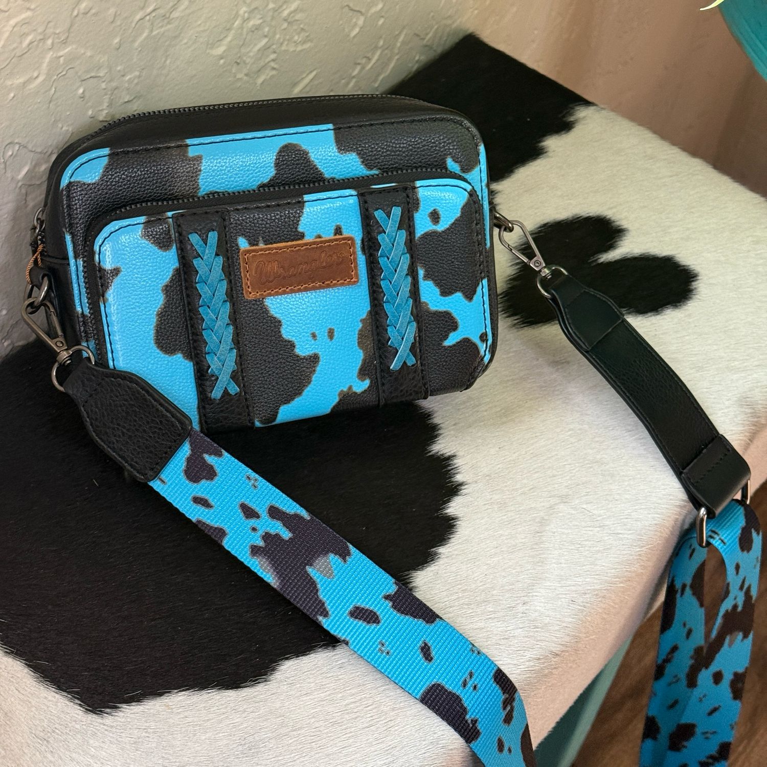 Wrangler Turquoise Cow Print Crossbody Purse With Wallet Compartment