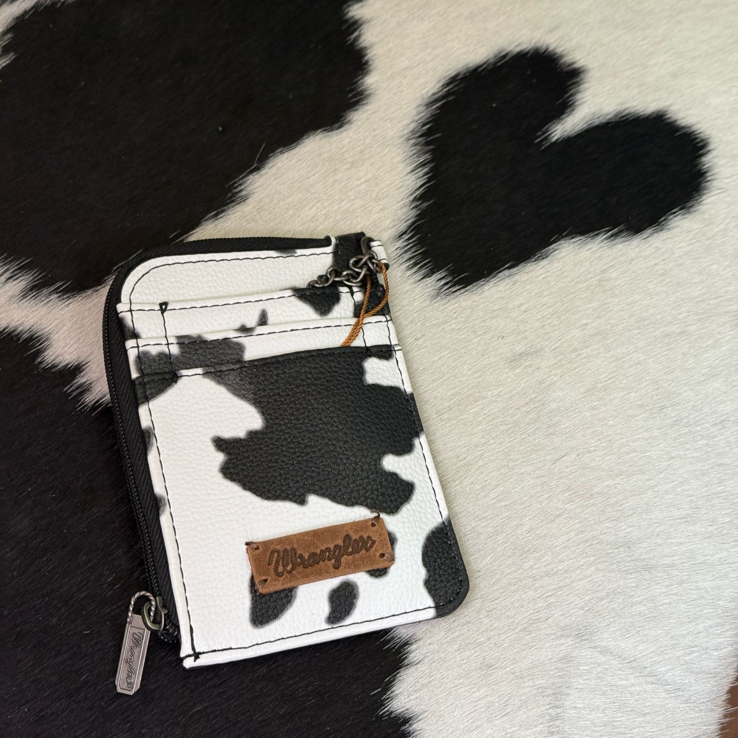 Wrangler Black Cow Print Mini Zip Card Case