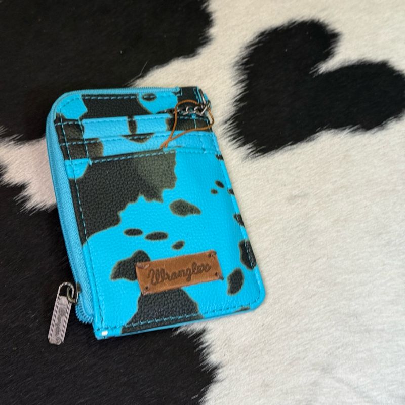 Wrangler Turquoise Cow Print Mini Zip Card Case