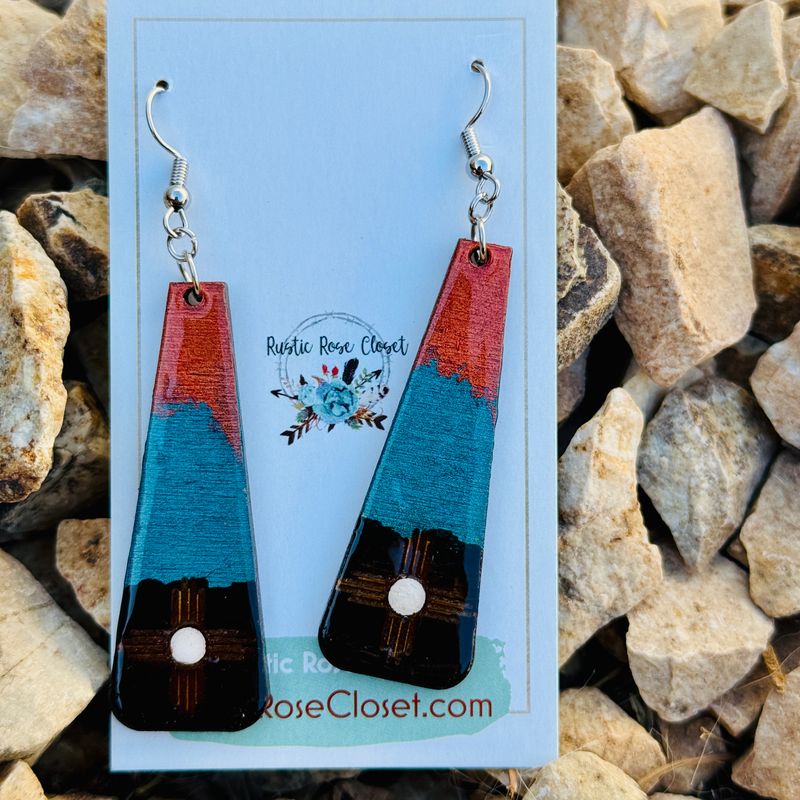 Copper Turquoise Black Zia Drop Earrings