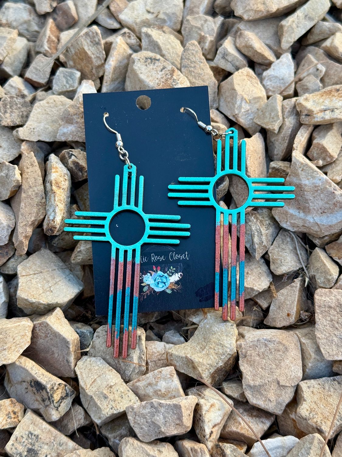 Teal Copper Turquoise Copper 3&quot; Zia Earrings