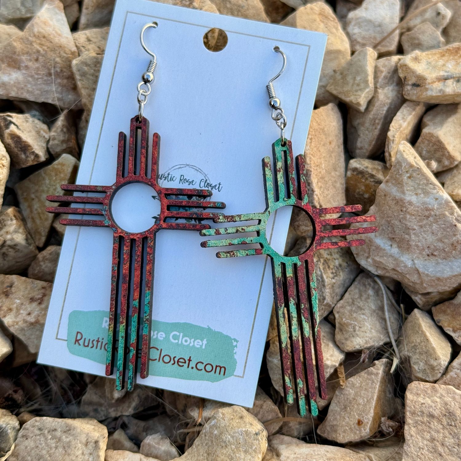 Patina Long Zia Earrings with Copper Glitter