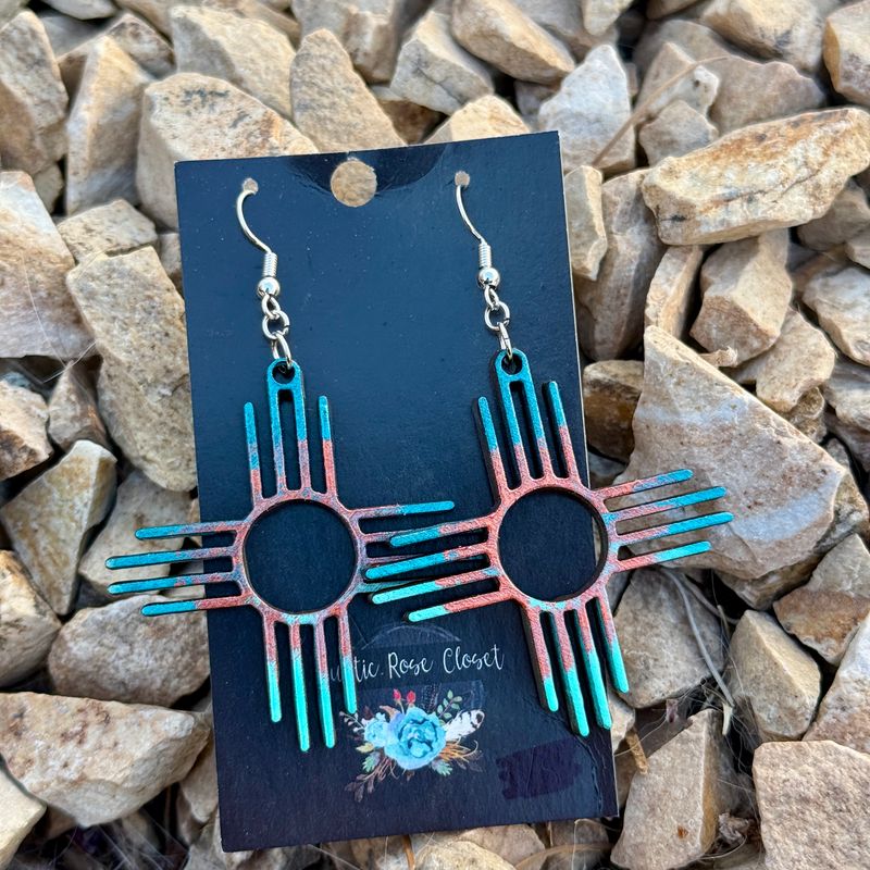 Turquoise Teal Copper 2&quot; Zia Earrings