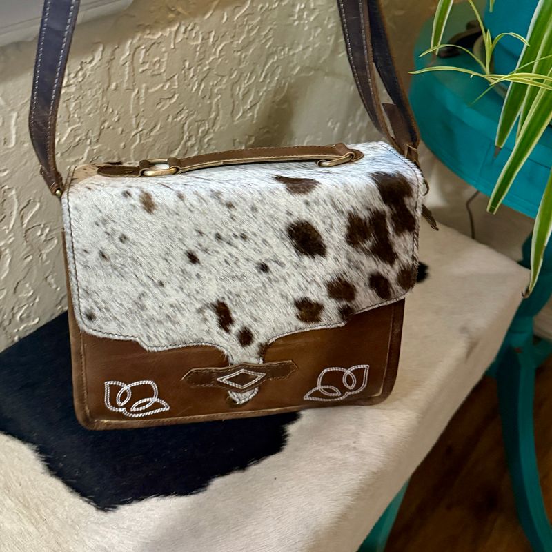 Brown Cowhide Boot Stitch Leather Crossbody