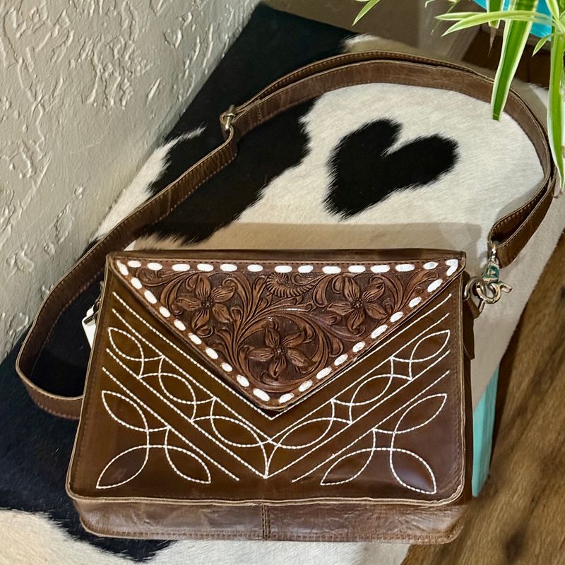 Tan Boot Stitch Leather Tooled Floral Crossbody 