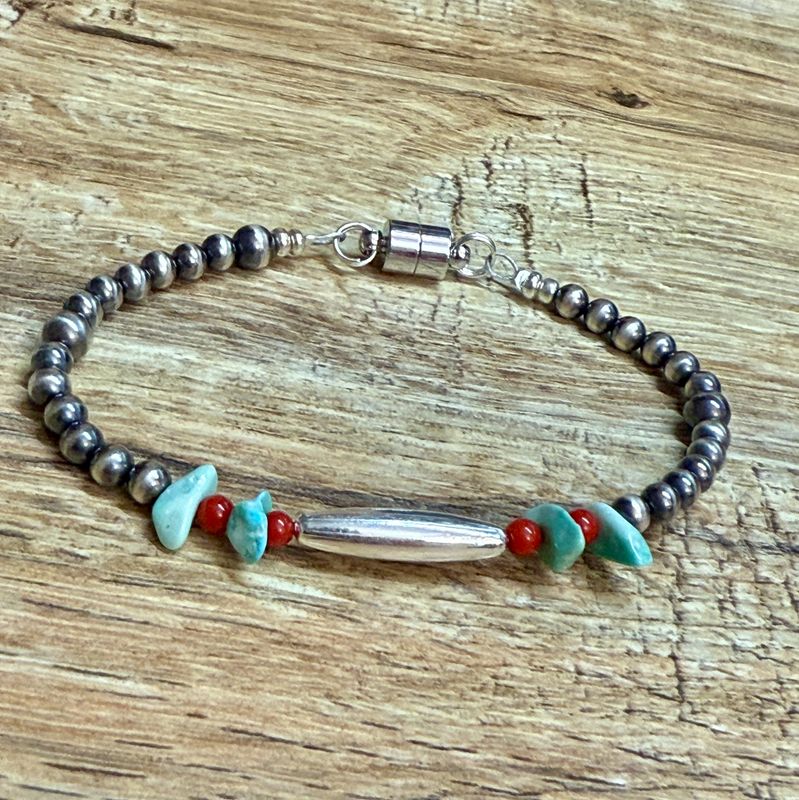 Navajo Pearl Turquoise Coral Magnetic Bracelet