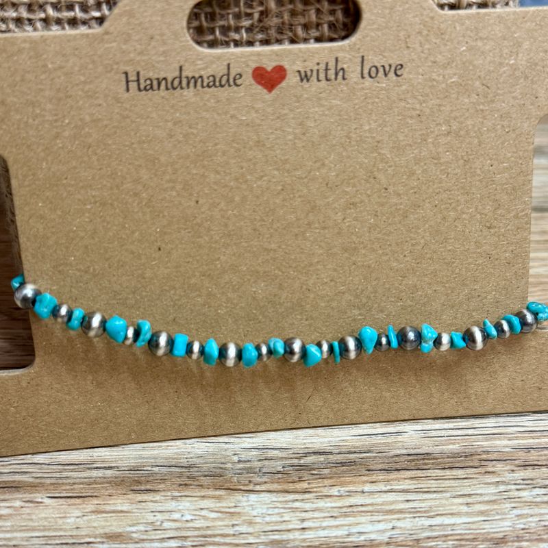 Sterling Pearls &amp; Kingman Turquoise Chunk Stretch Bracelet