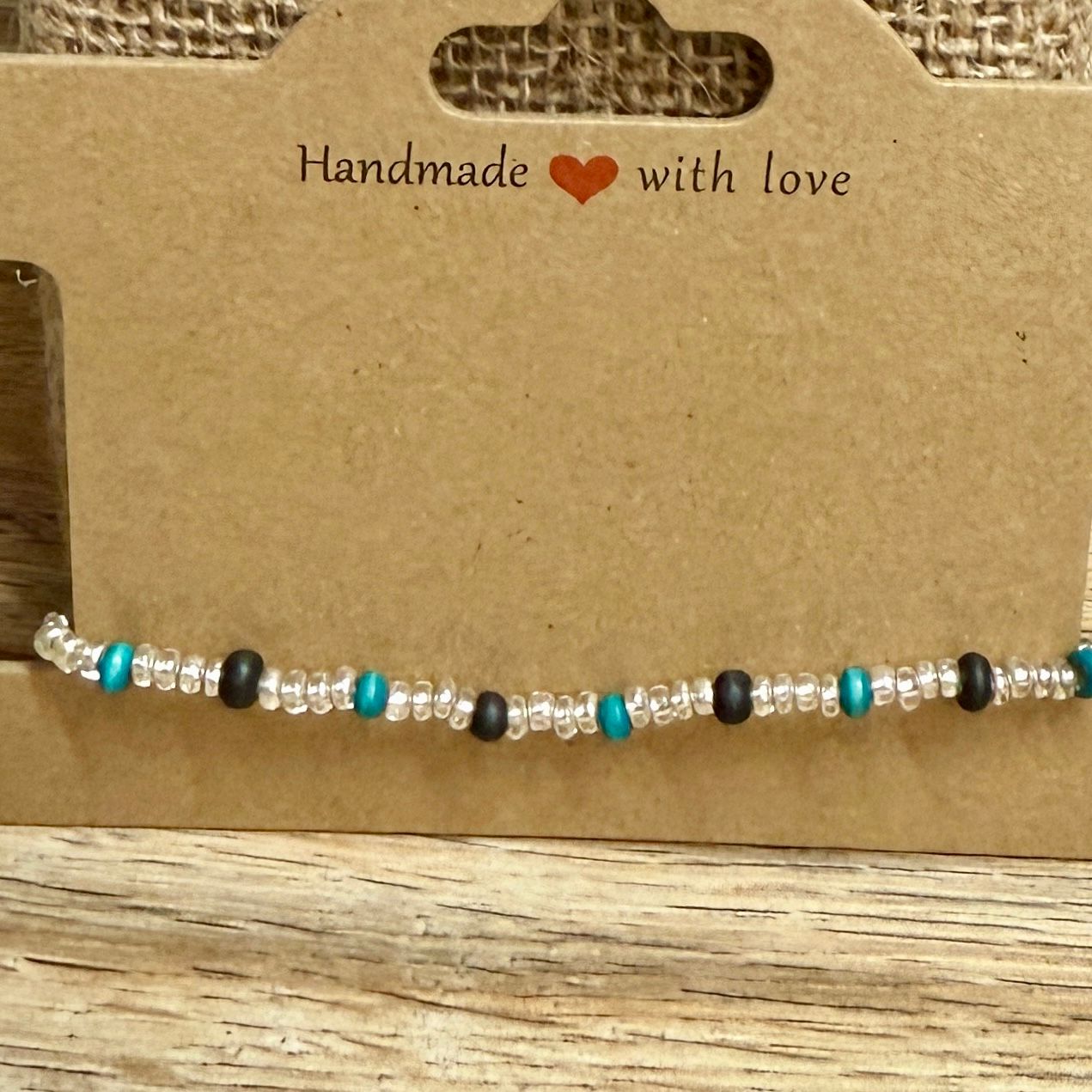 Turquoise Black Silver Bead Stretch Bracelet 