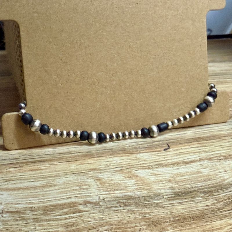Navajo Sterling Bead Stretch Bracelet with Black Accent Beads