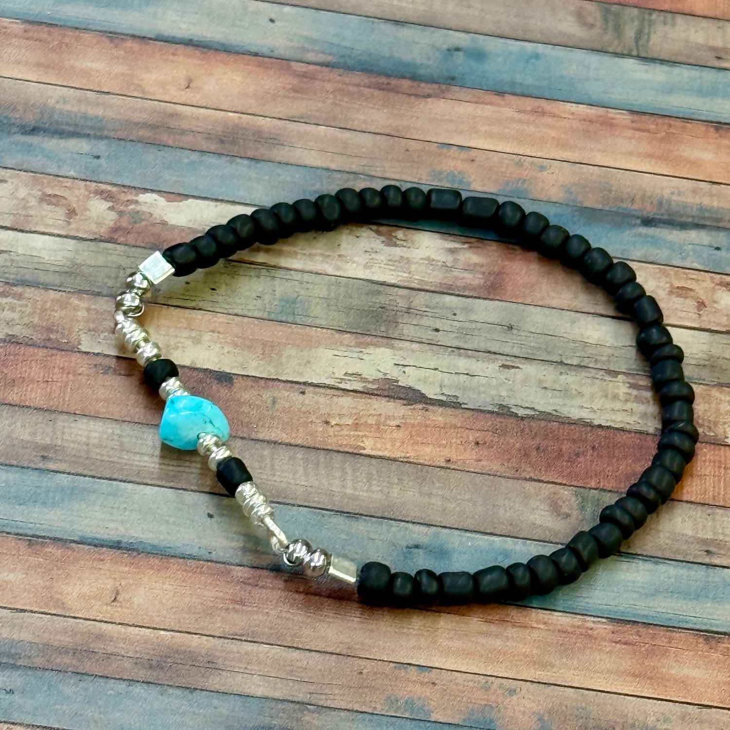 Black Stretch Bead with Turquoise Chunk Stone Bracelet 