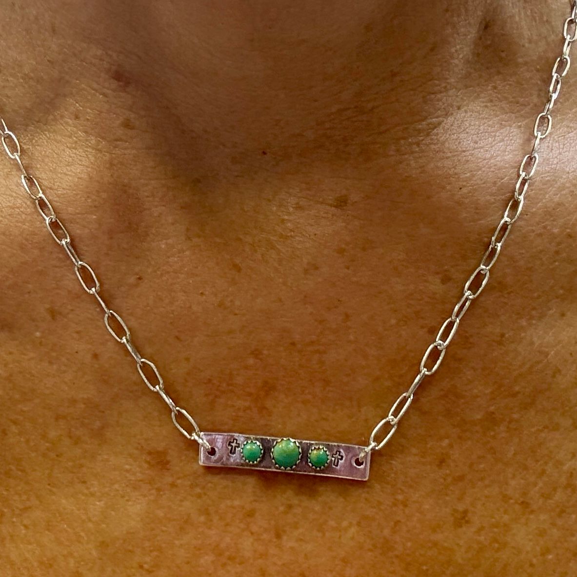 Stamped Cross Bar Necklace with Green Turquoise