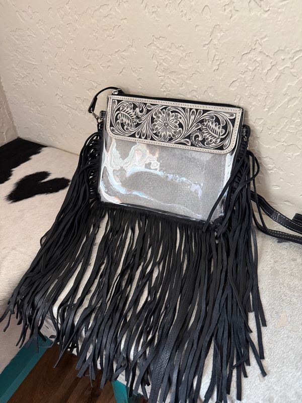 Hand Tooled Clear Crossbody White Black Purse