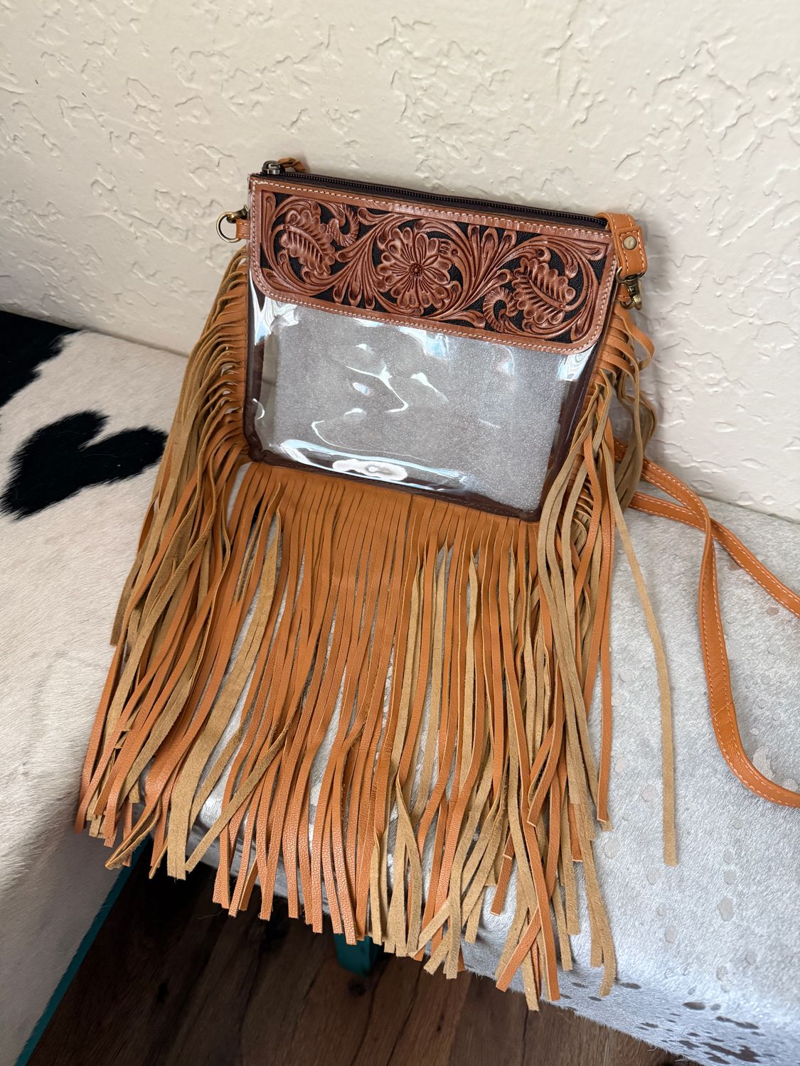 Hand Tooled Clear Crossbody Tan Brown Purse