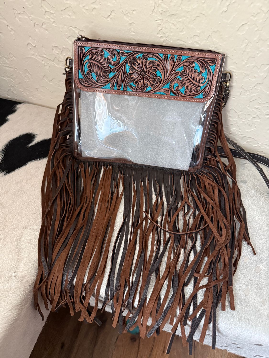 Hand Tooled Clear Crossbody Brown Turquoise Purse