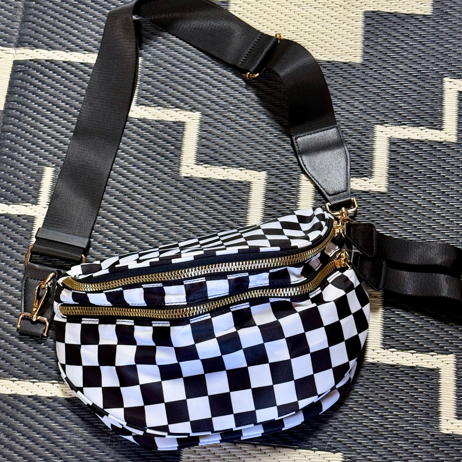 Black Checkered Double Zip Nylon Bag