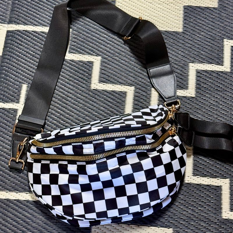 Black Checkered Double Zip Nylon Bag