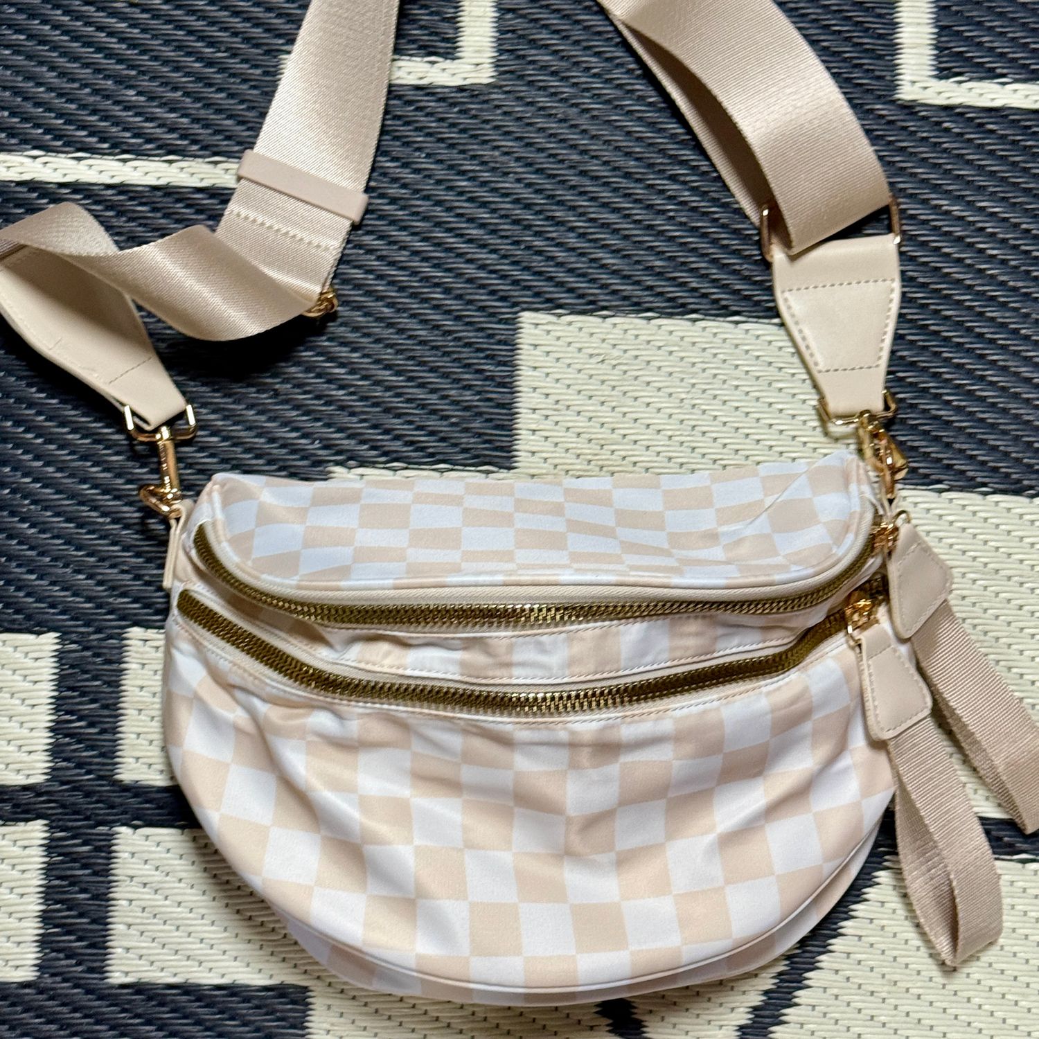 Cream Checkered Double Zip Nylon Bag