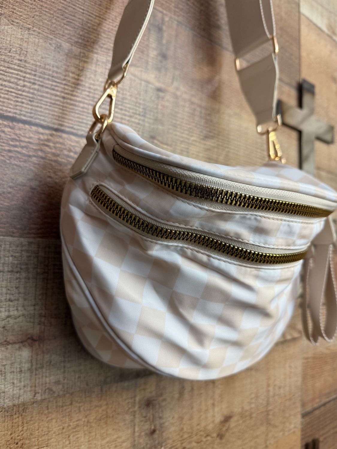 Beige Checkered Sling Bag