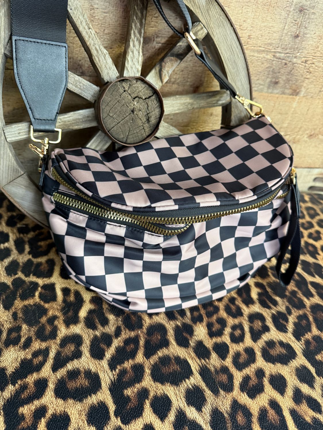 Tan &amp; Black Checkered Sling Bag