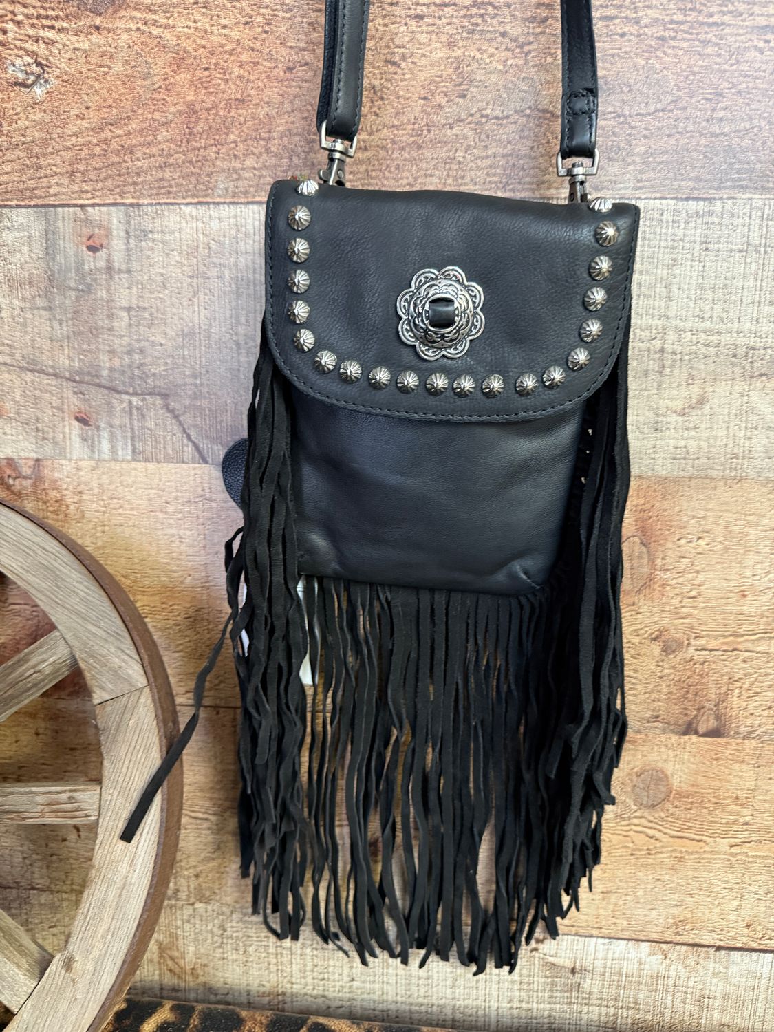 Wild Leather Fringe Bag in Black