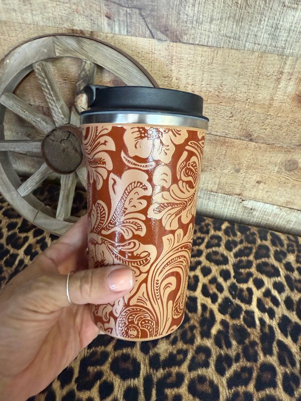 Stainless Steel Mug in Brown Tooled Design