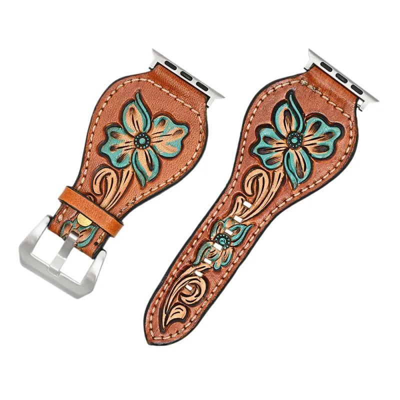 38-41 Genuine Leather Teal Flower Watchband