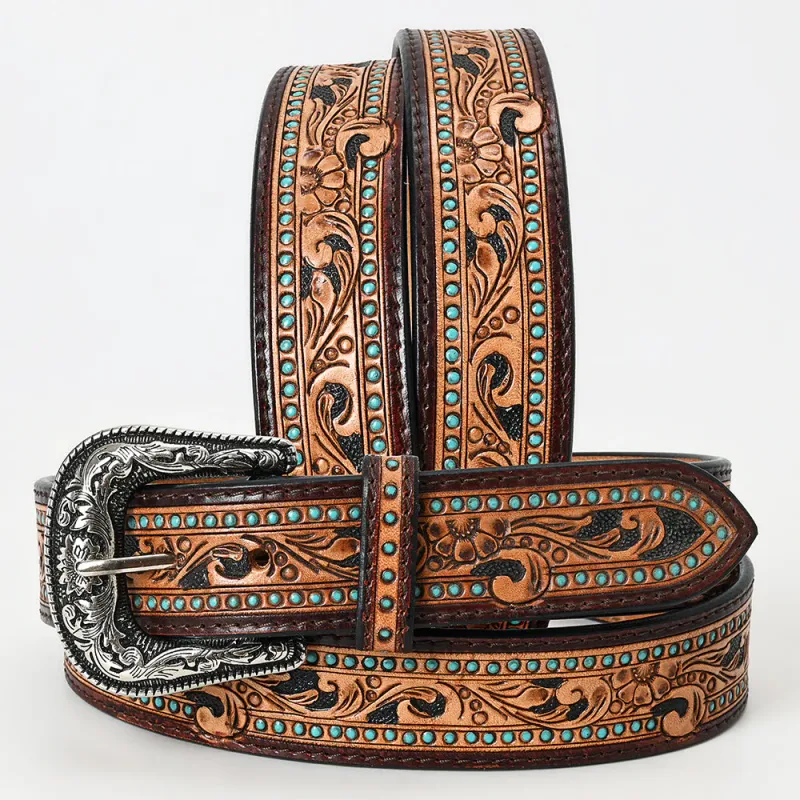 Large Unisex Brown Leather Belt with Turquoise