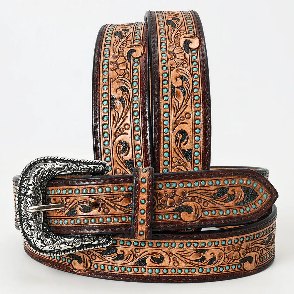 Medium Unisex Brown Leather Belt with Turquoise