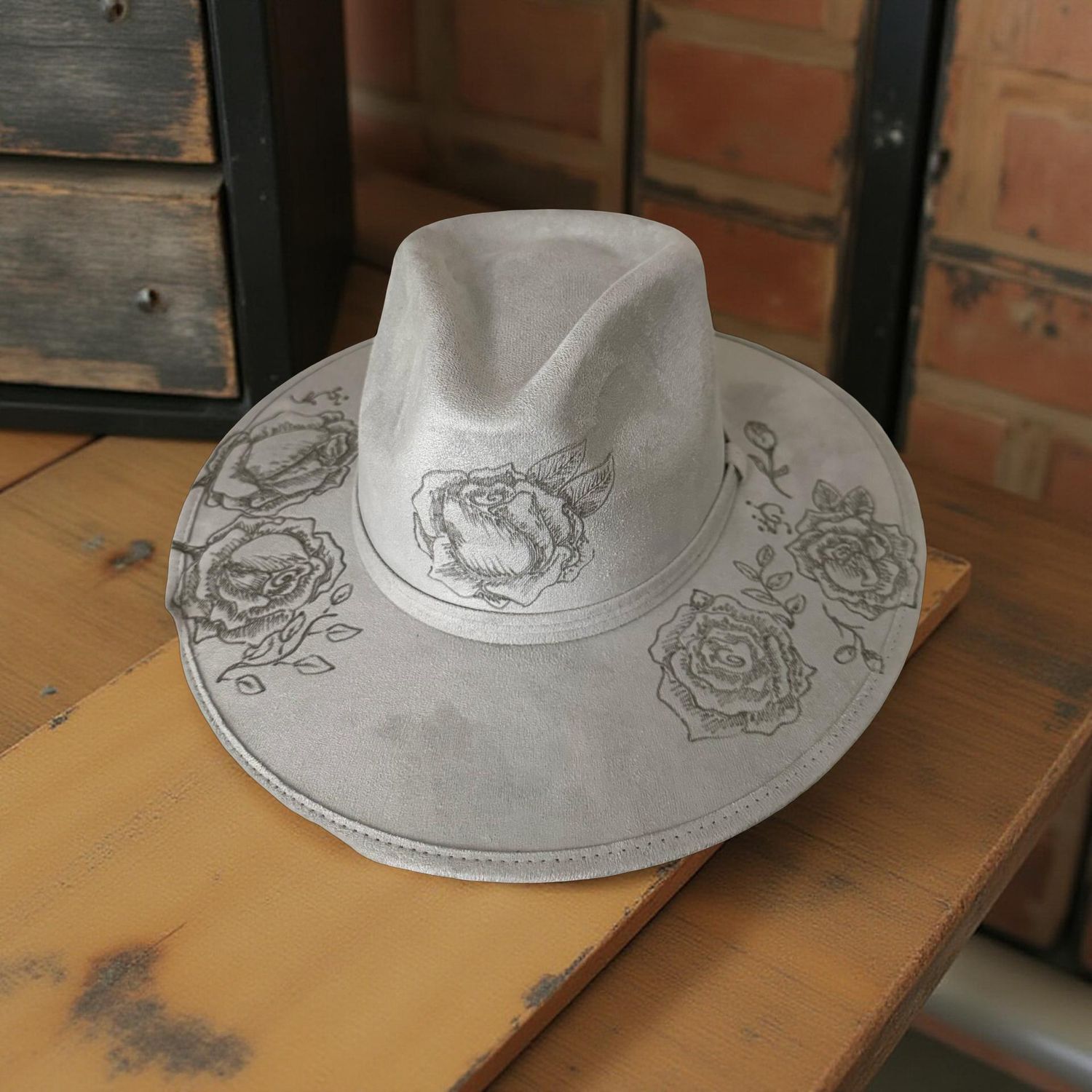 Gray Rose Floral Suede Hat