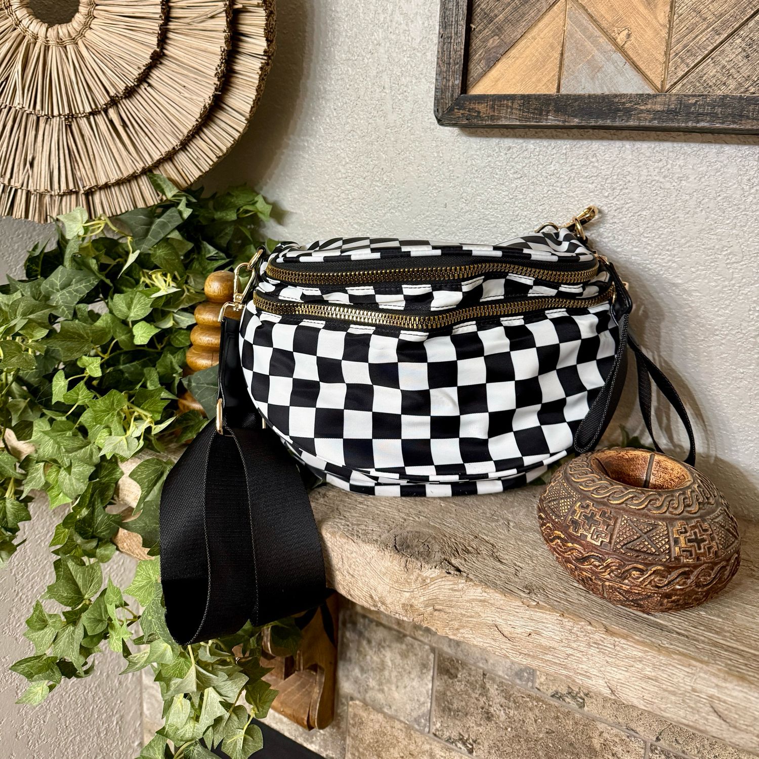 Black Checkered Double Zip Nylon Bag