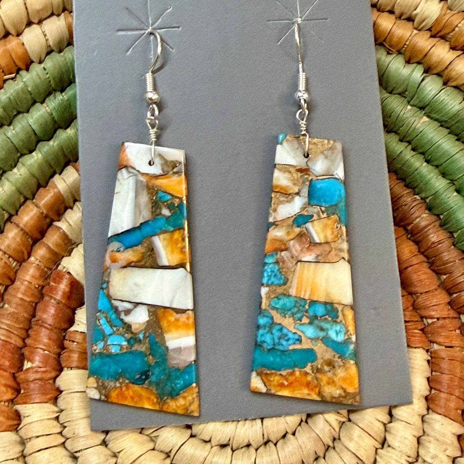 Slab Earring with Turquoise, Spiny Oyster &amp; Bronze Matrix 