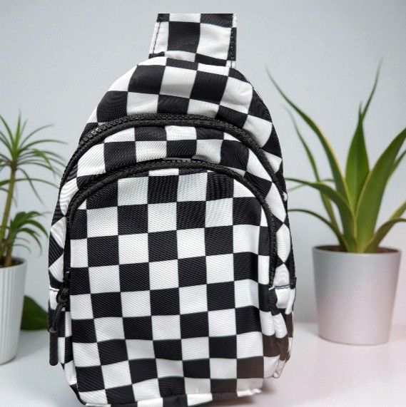 Checkered Multi-Functional Nylon Sling Crossbody Bag