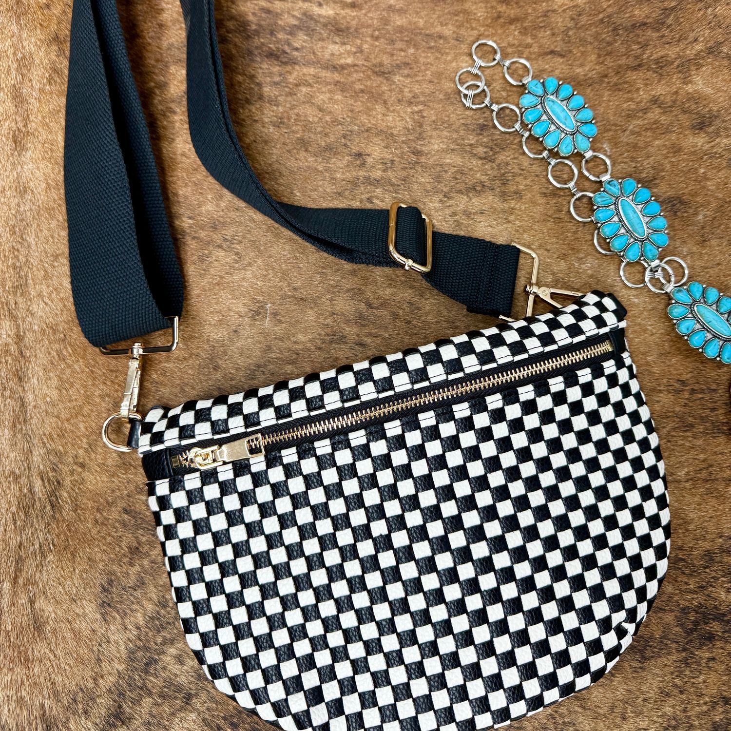 Woven Bum Bag Crossbody Black Checkered