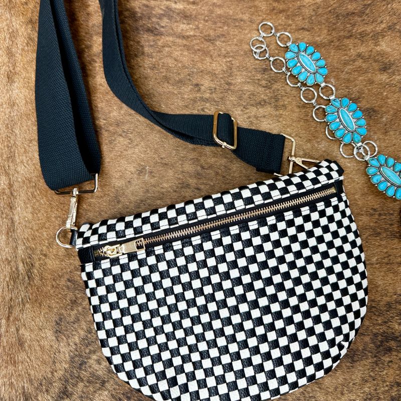 Woven Bum Bag Crossbody Black Checkered