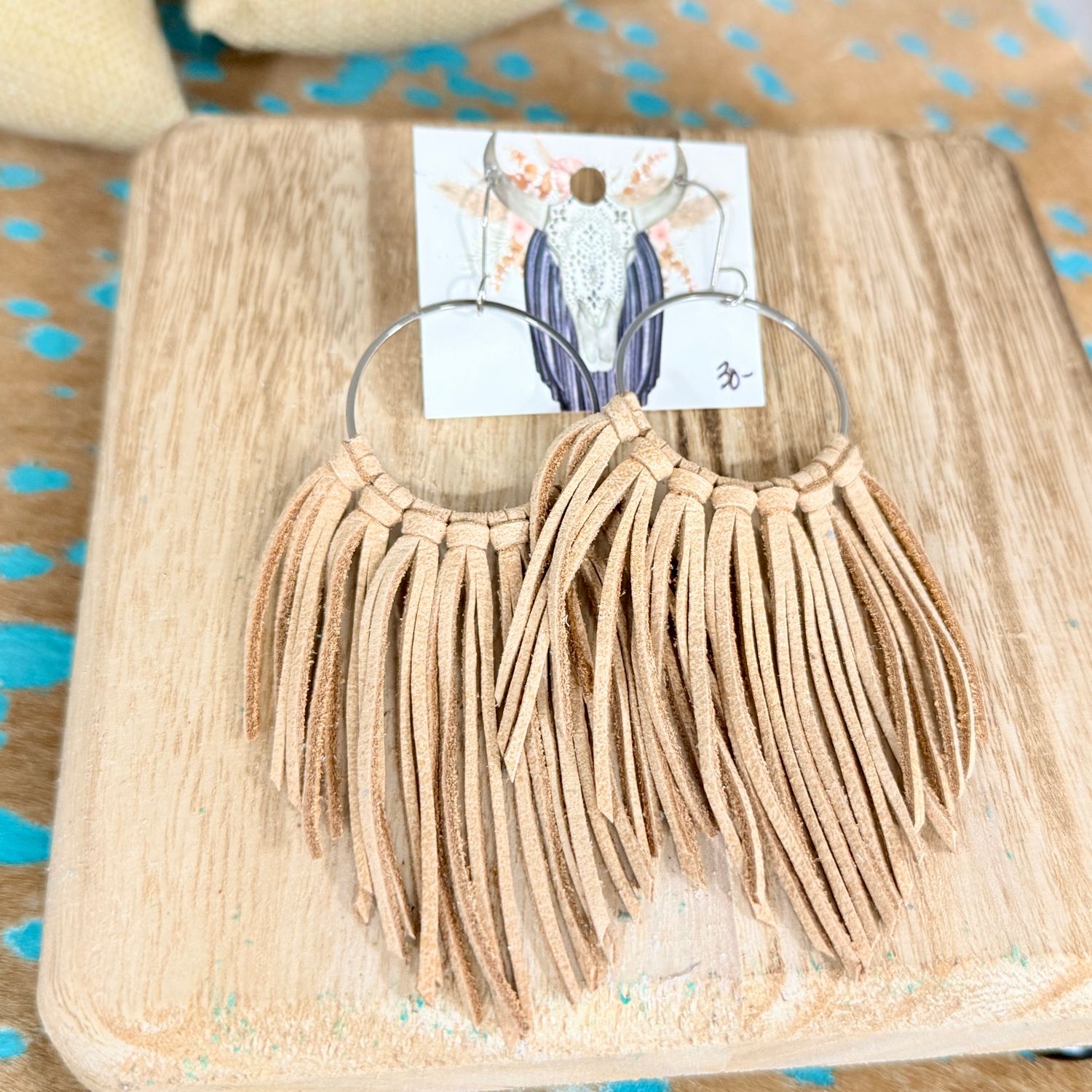 Beige Fringe Hoop Earrings