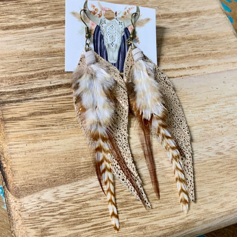 Round Up Feather Earrings Rose Gold w/ Brown Feathers
