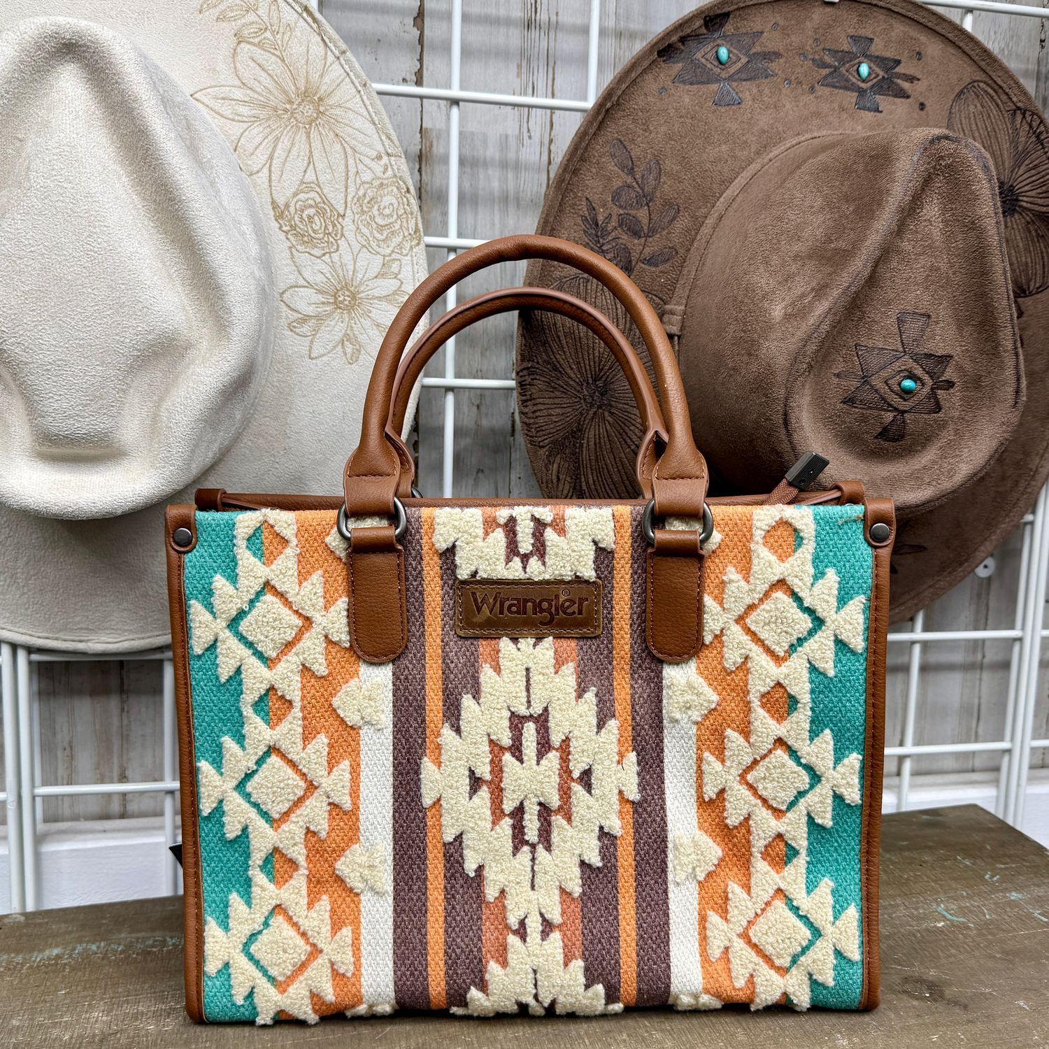 Wrangler Sherpa Aztec Tote Crossbody Bag-Brown