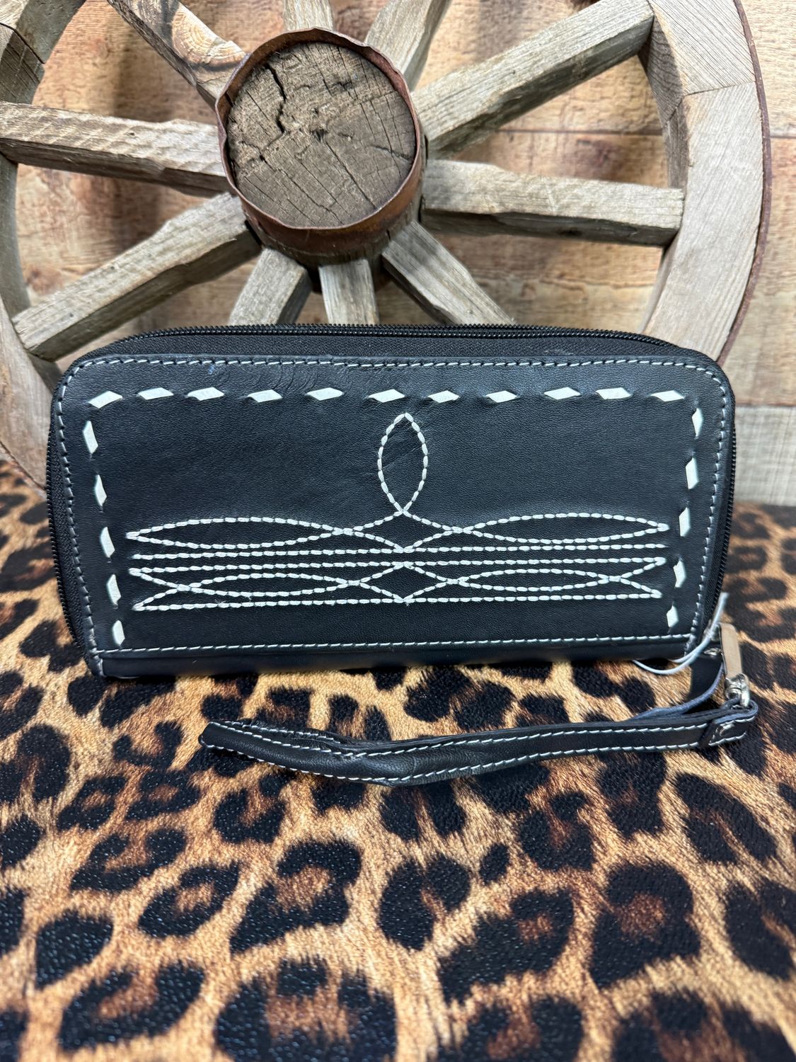 Boot Stitch Black Zip Long Wallet 