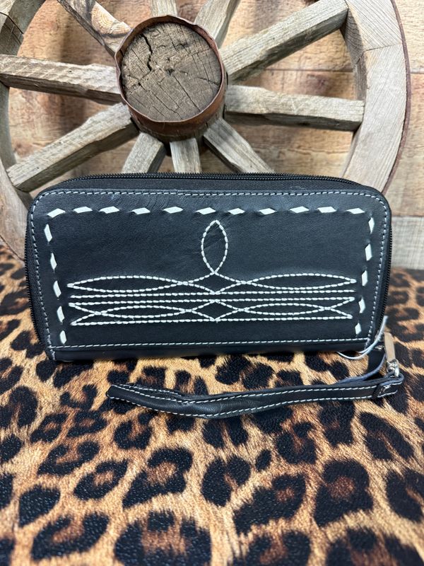 Boot Stitch Black Zip Long Wallet 