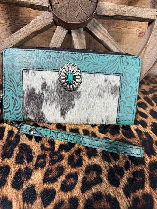 Turquoise Cowhide Zip Wallet Wristlet