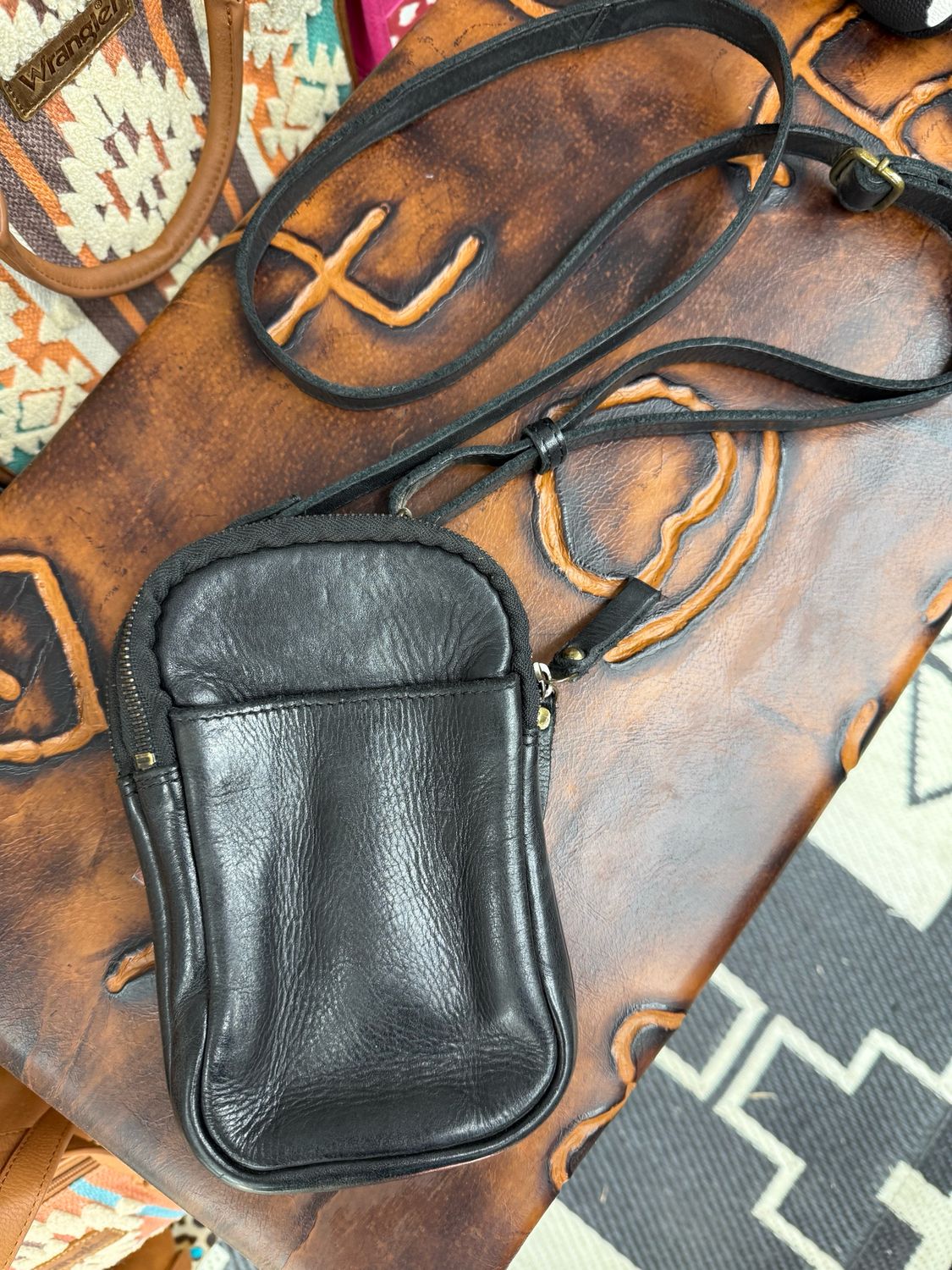 Black Leather Crossbody Phone Bag