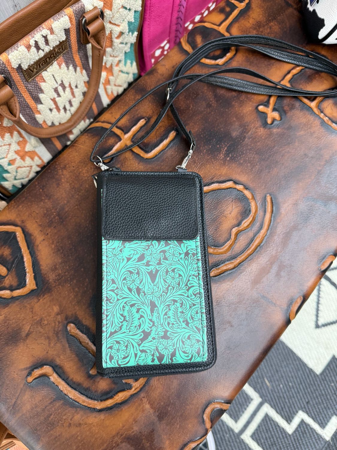 Teal Tooled Look Phone Crossbody Wallet