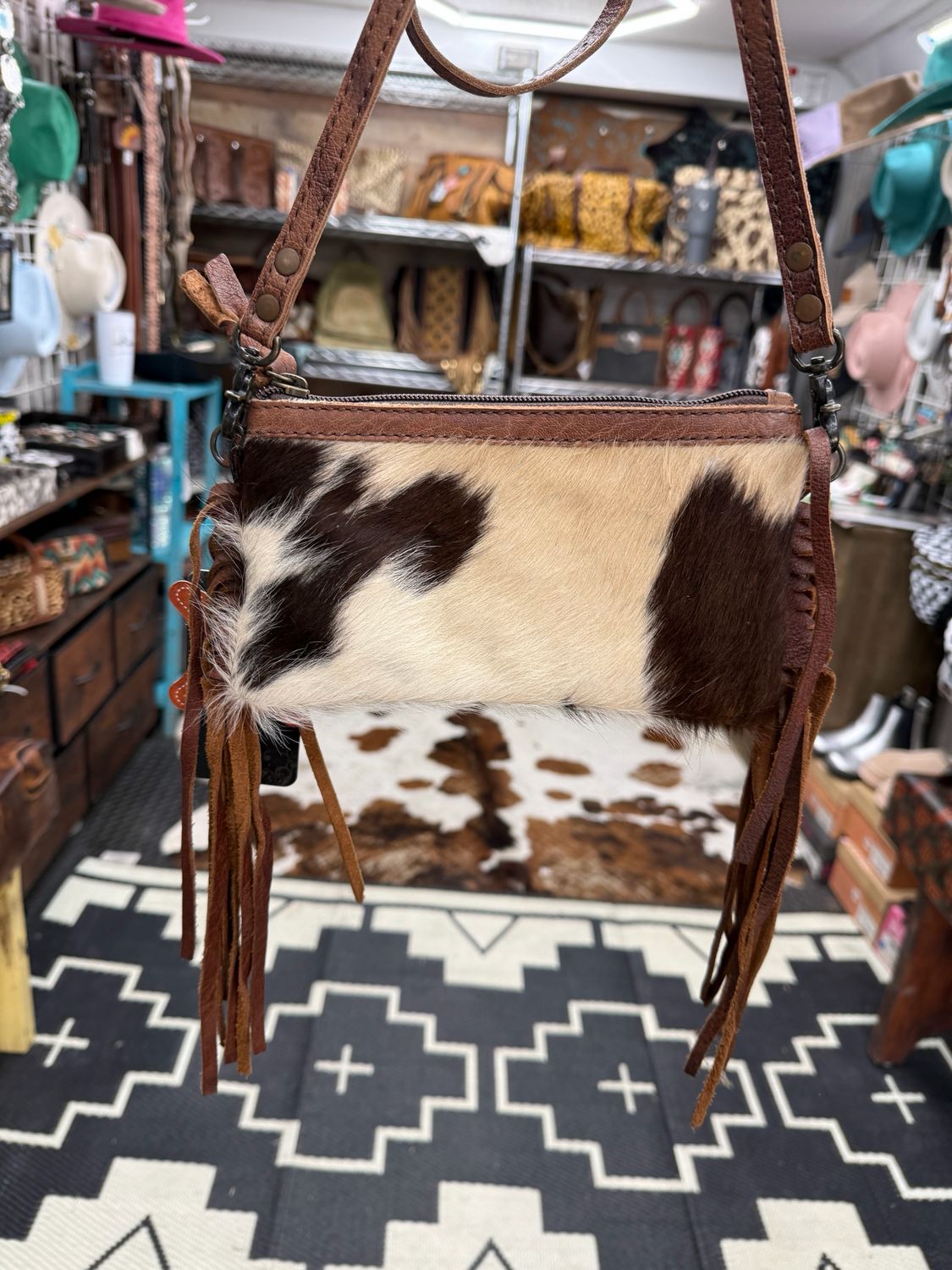 Black White Cowhide Fringe Crossbody Bag